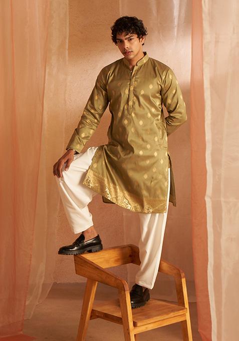 Green Woven Viscose Kurta Pyjama Set For Men