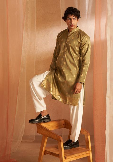 Green Woven Viscose Kurta Pyjama Set For Men