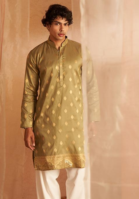 Green Woven Viscose Kurta Pyjama Set For Men