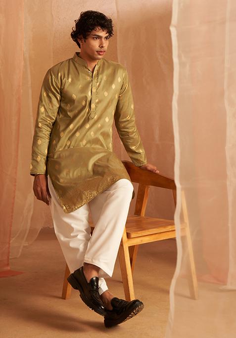 Green Woven Viscose Kurta Pyjama Set For Men