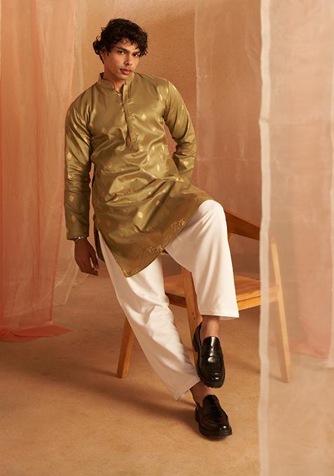 Green Woven Viscose Kurta Pyjama Set For Men