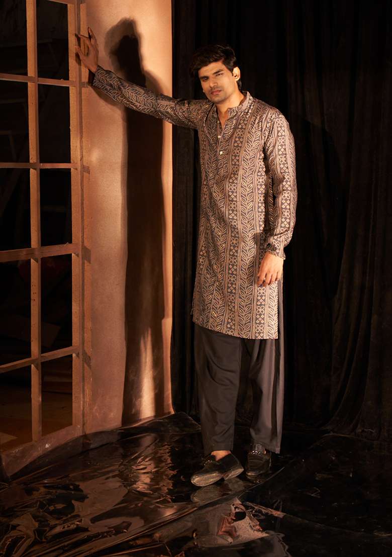 Navy Blue Printed Modal Silk Kurta Pyjama Set For Men - Indya