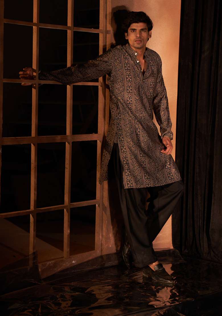 Navy Blue Printed Modal Silk Kurta Pyjama Set For Men - Indya