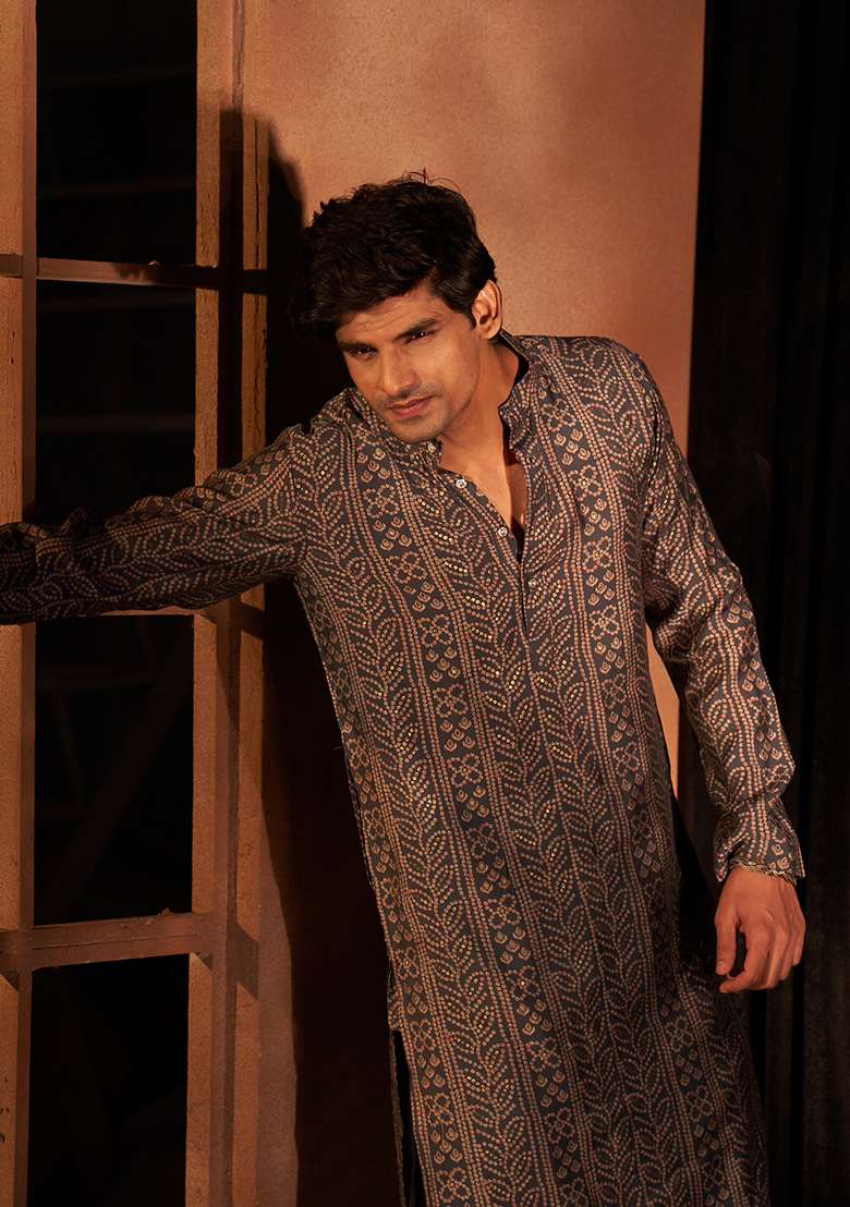 Navy Blue Printed Modal Silk Kurta Pyjama Set For Men - Indya