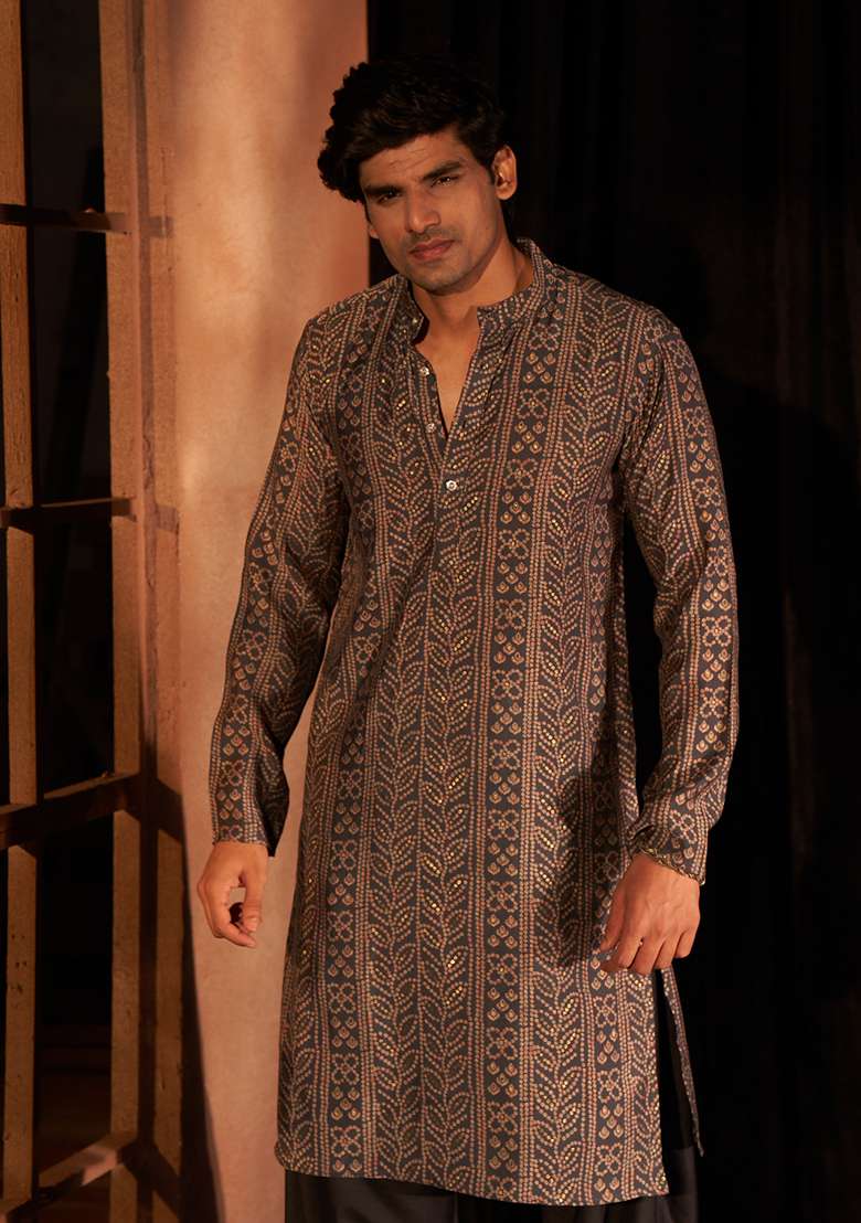 Navy Blue Printed Modal Silk Kurta Pyjama Set For Men - Indya
