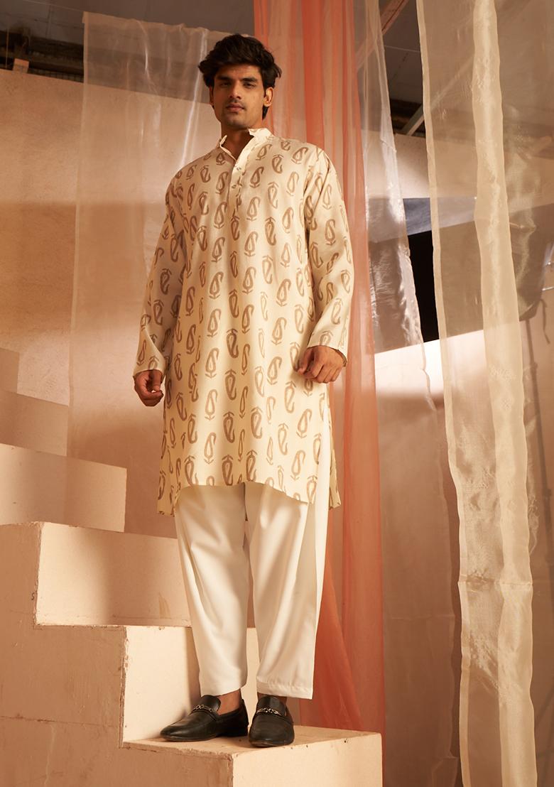 Off White Printed Modal Silk Kurta Pyjama Set For Men