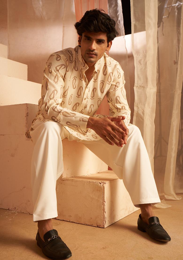 Off White Printed Modal Silk Kurta Pyjama Set For Men