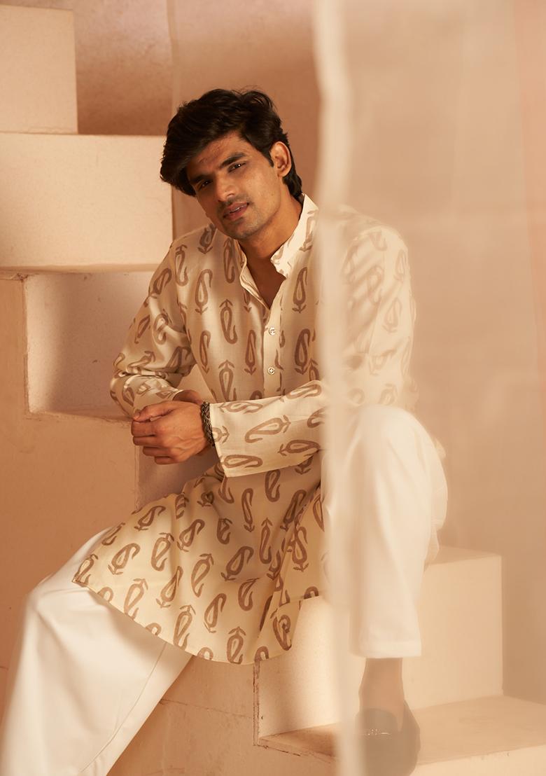Off White Printed Modal Silk Kurta Pyjama Set For Men