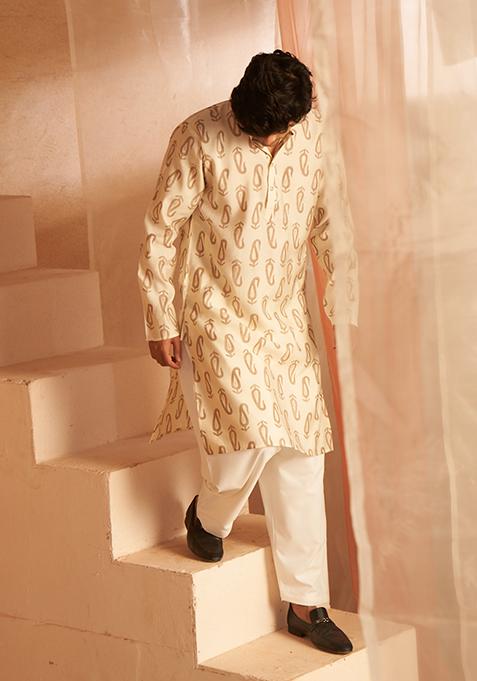 Off White Printed Modal Silk Kurta Pyjama Set For Men