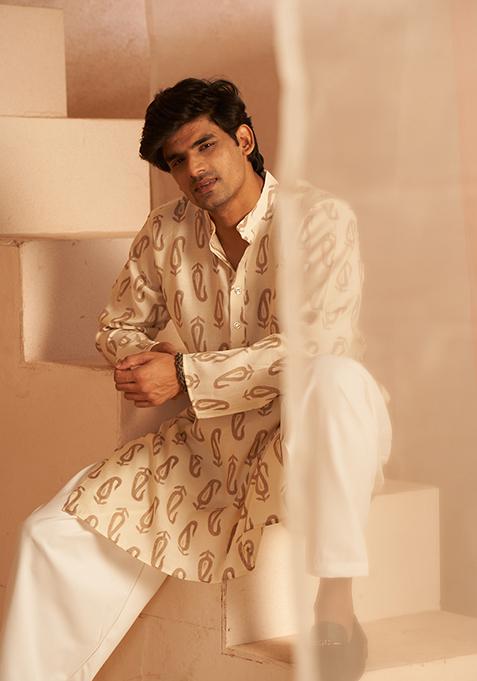 Off White Printed Modal Silk Kurta Pyjama Set For Men