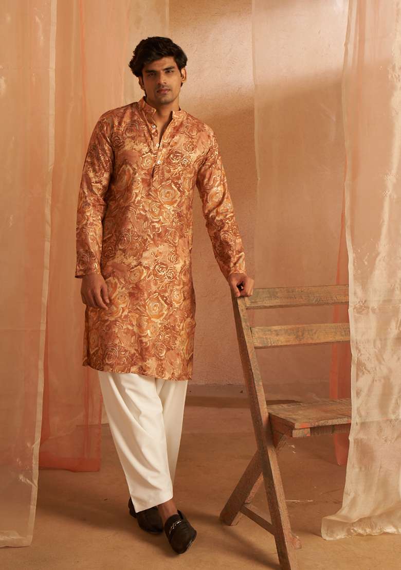 Brown Printed Modal Silk Kurta Pyjama Set For Men - Indya