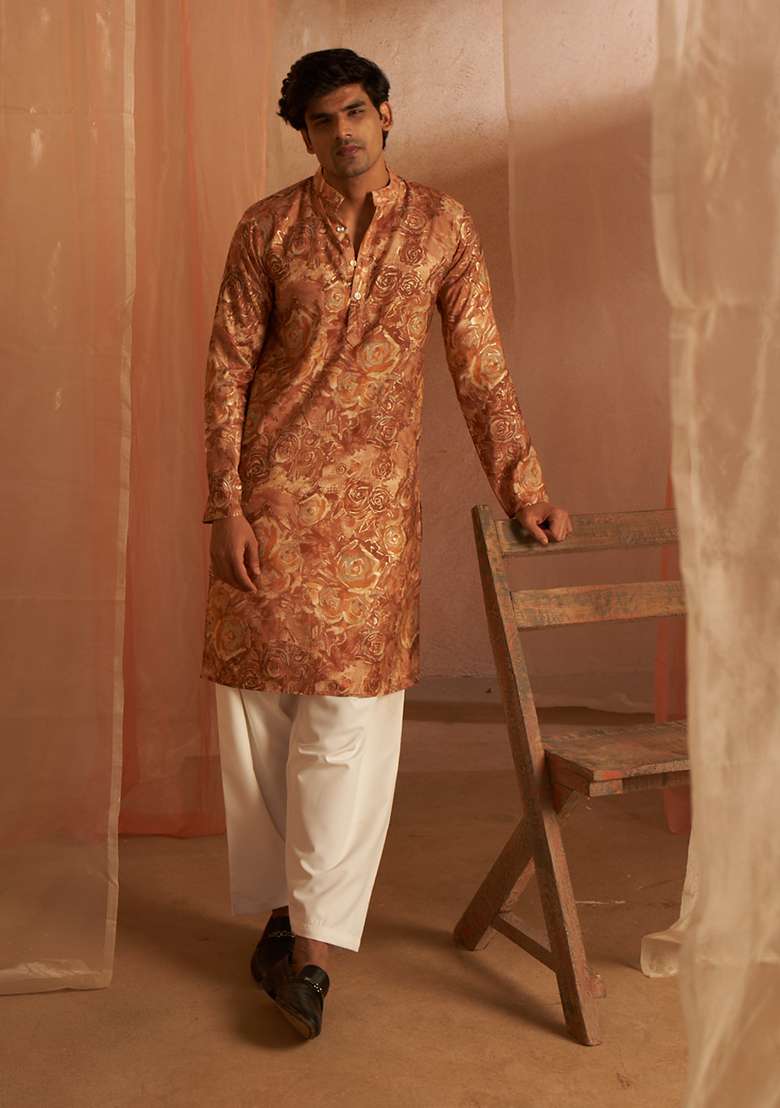 Brown Printed Modal Silk Kurta Pyjama Set For Men - Indya