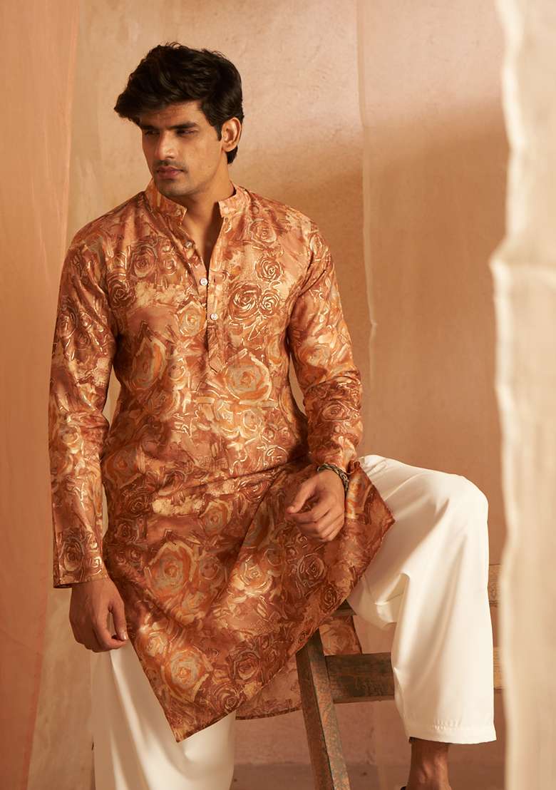 Brown Printed Modal Silk Kurta Pyjama Set For Men - Indya