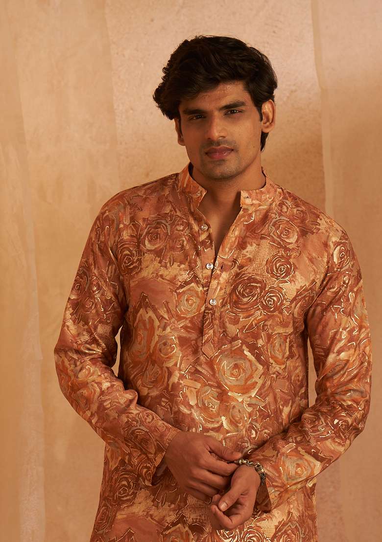 Brown Printed Modal Silk Kurta Pyjama Set For Men - Indya
