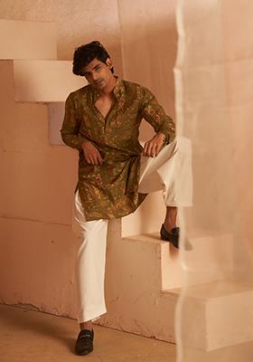 Green Printed Modal Silk Kurta Pyjama Set For Men