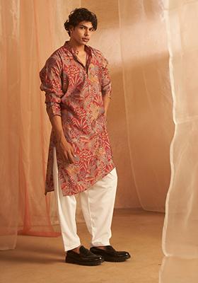 Pink Printed Modal Silk Kurta Pyjama Set For Men