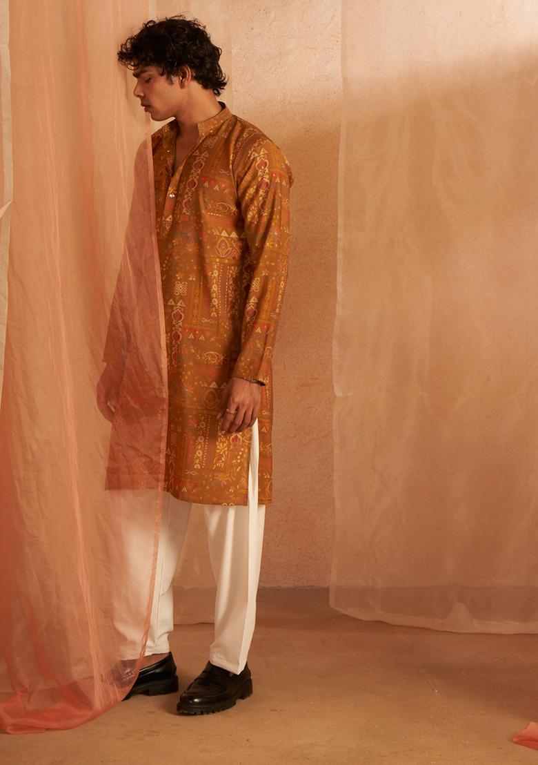 Brown And Yellow Printed Modal Silk Kurta Pyjama Set For Men