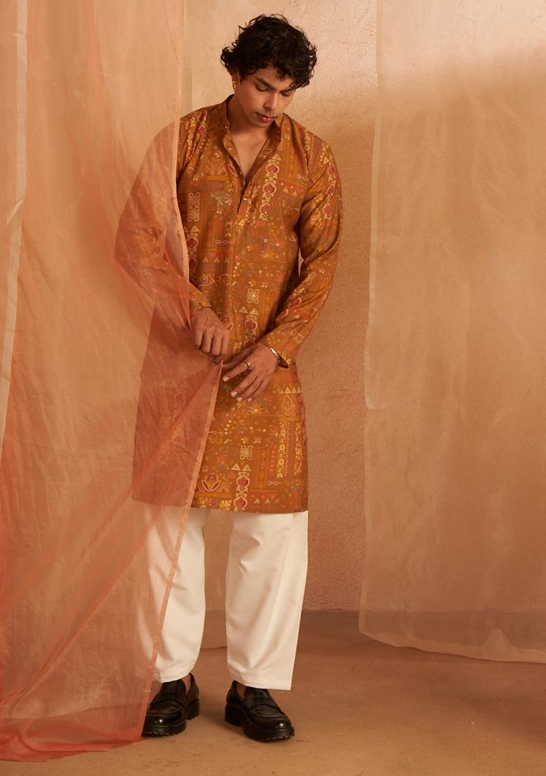 Brown And Yellow Printed Modal Silk Kurta Pyjama Set For Men