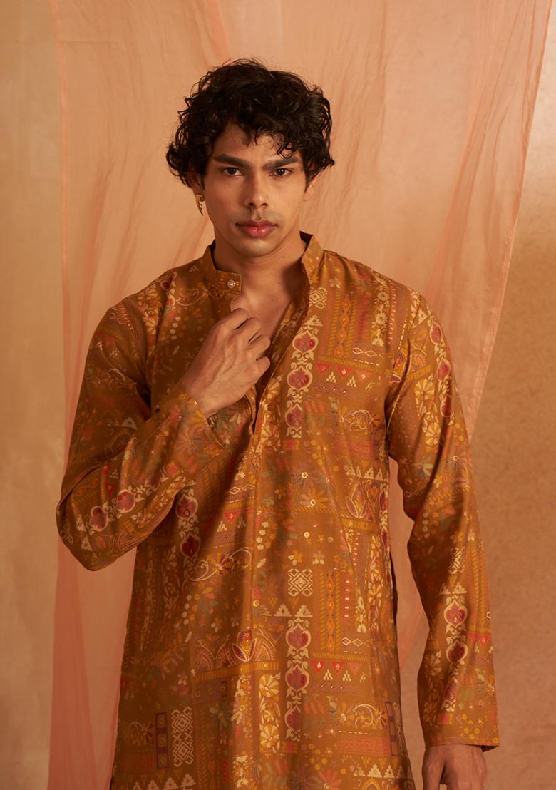 Brown And Yellow Printed Modal Silk Kurta Pyjama Set For Men