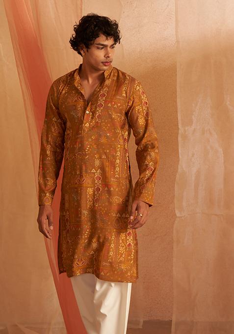 Brown And Yellow Printed Modal Silk Kurta Pyjama Set For Men