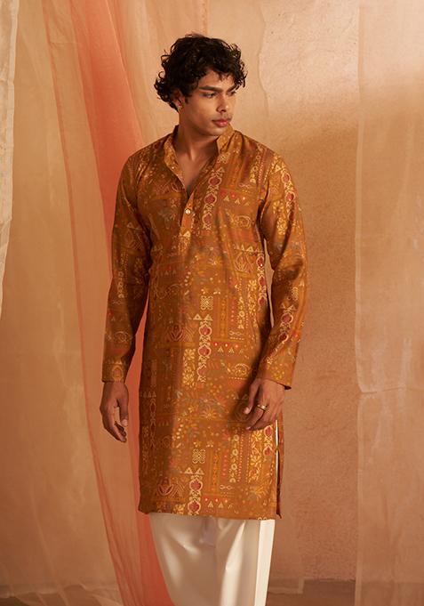 Brown And Yellow Printed Modal Silk Kurta Pyjama Set For Men