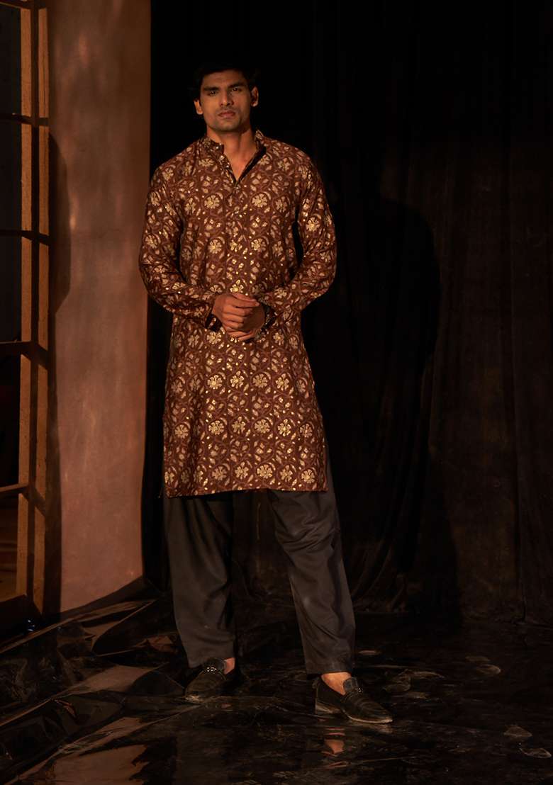 Brown Printed Modal Silk Kurta Pyjama Set For Men - Indya