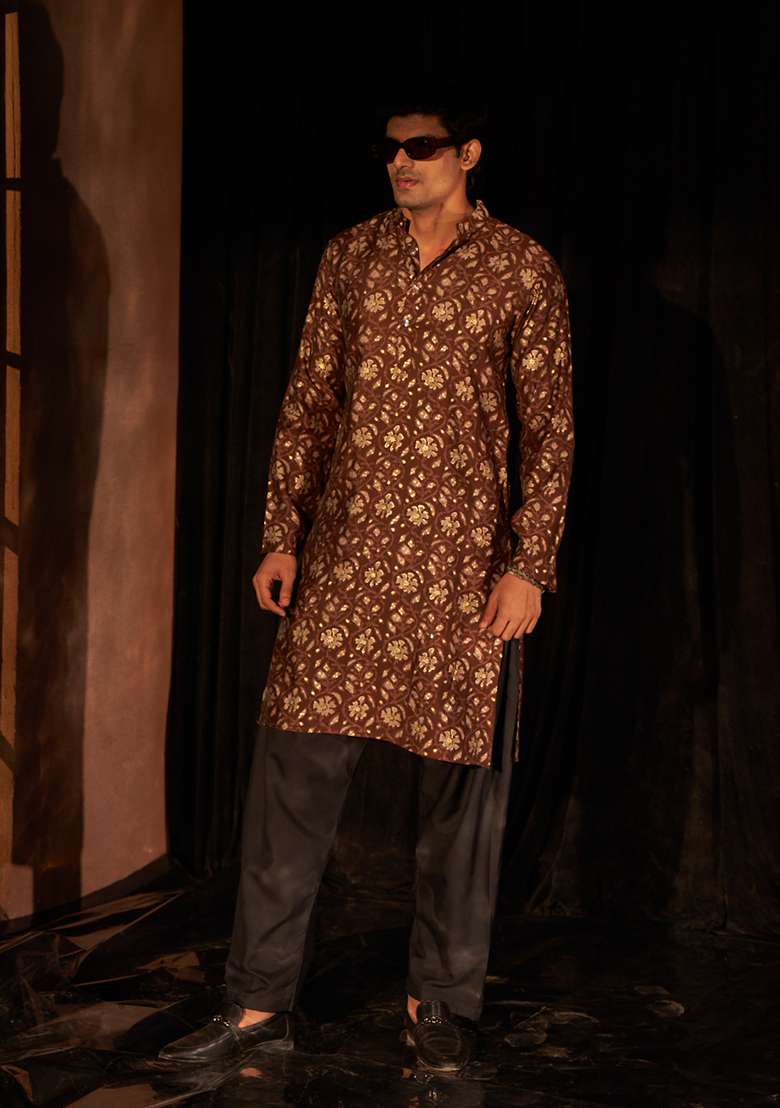 Brown Printed Modal Silk Kurta Pyjama Set For Men - Indya
