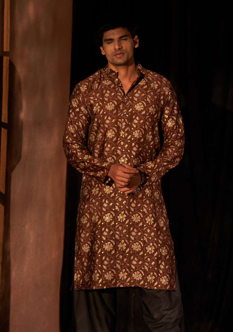 Brown Printed Modal Silk Kurta Pyjama Set For Men - Indya