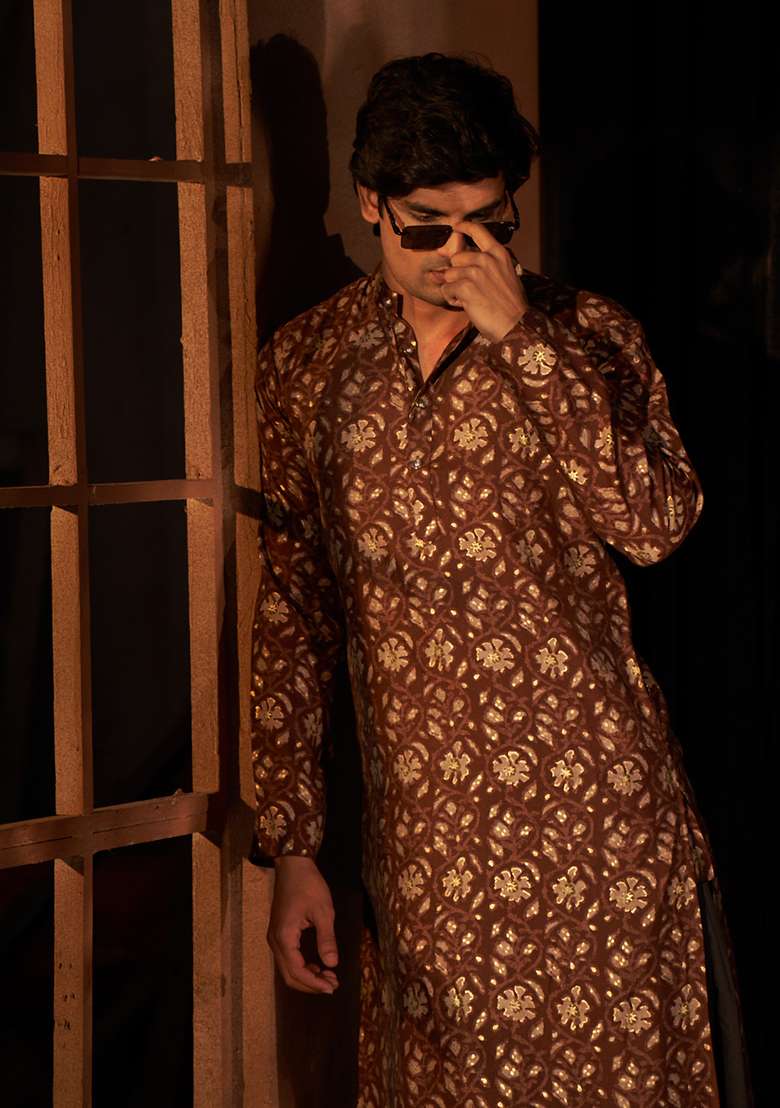 Brown Printed Modal Silk Kurta Pyjama Set For Men - Indya