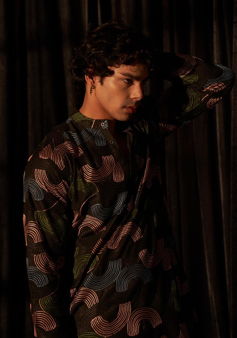 Black Embroidered Linen Kurta Pyjama Set For Men