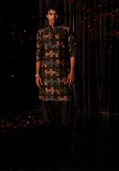 Black Embroidered Linen Kurta Pyjama Set For Men