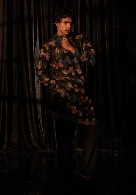 Black Embroidered Linen Kurta Pyjama Set For Men