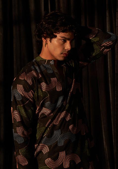 Black Embroidered Linen Kurta Pyjama Set For Men