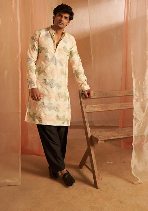 Cream Embroidered Linen Kurta Pyjama Set For Men