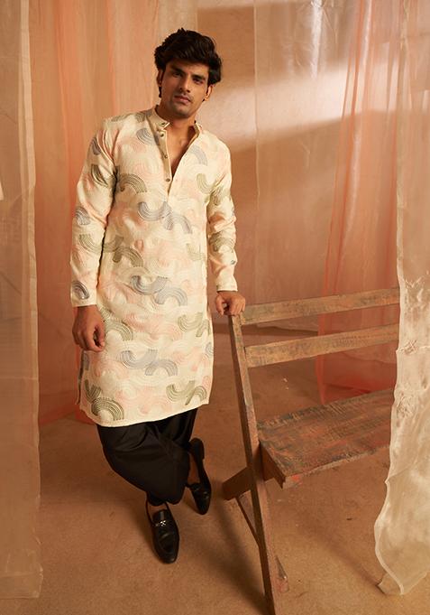 Cream Embroidered Linen Kurta Pyjama Set For Men