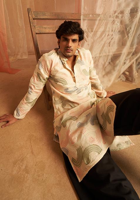 Cream Embroidered Linen Kurta Pyjama Set For Men