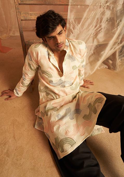 Cream Embroidered Linen Kurta Pyjama Set For Men