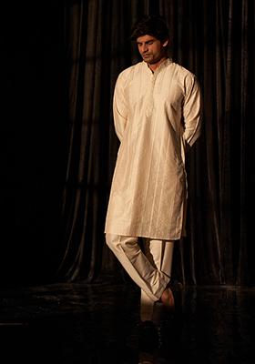 Off White Embroidered Silk Kurta Pyjama Set For Men
