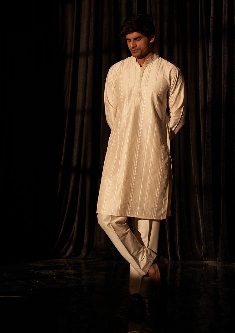 Off White Embroidered Silk Kurta Pyjama Set For Men