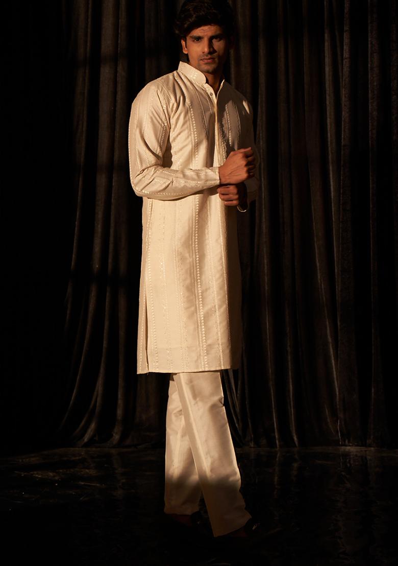 Off White Embroidered Silk Kurta Pyjama Set For Men