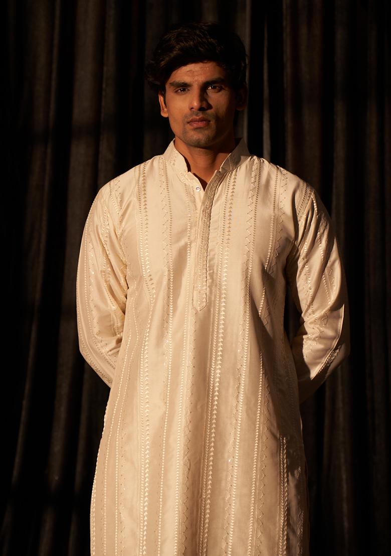 Off White Embroidered Silk Kurta Pyjama Set For Men