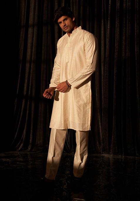 Off White Embroidered Silk Kurta Pyjama Set For Men
