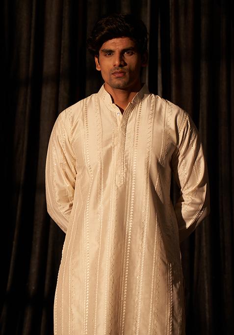 Off White Embroidered Silk Kurta Pyjama Set For Men