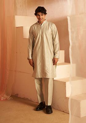 Light Green Embroidered Silk Kurta Pyjama Set For Men