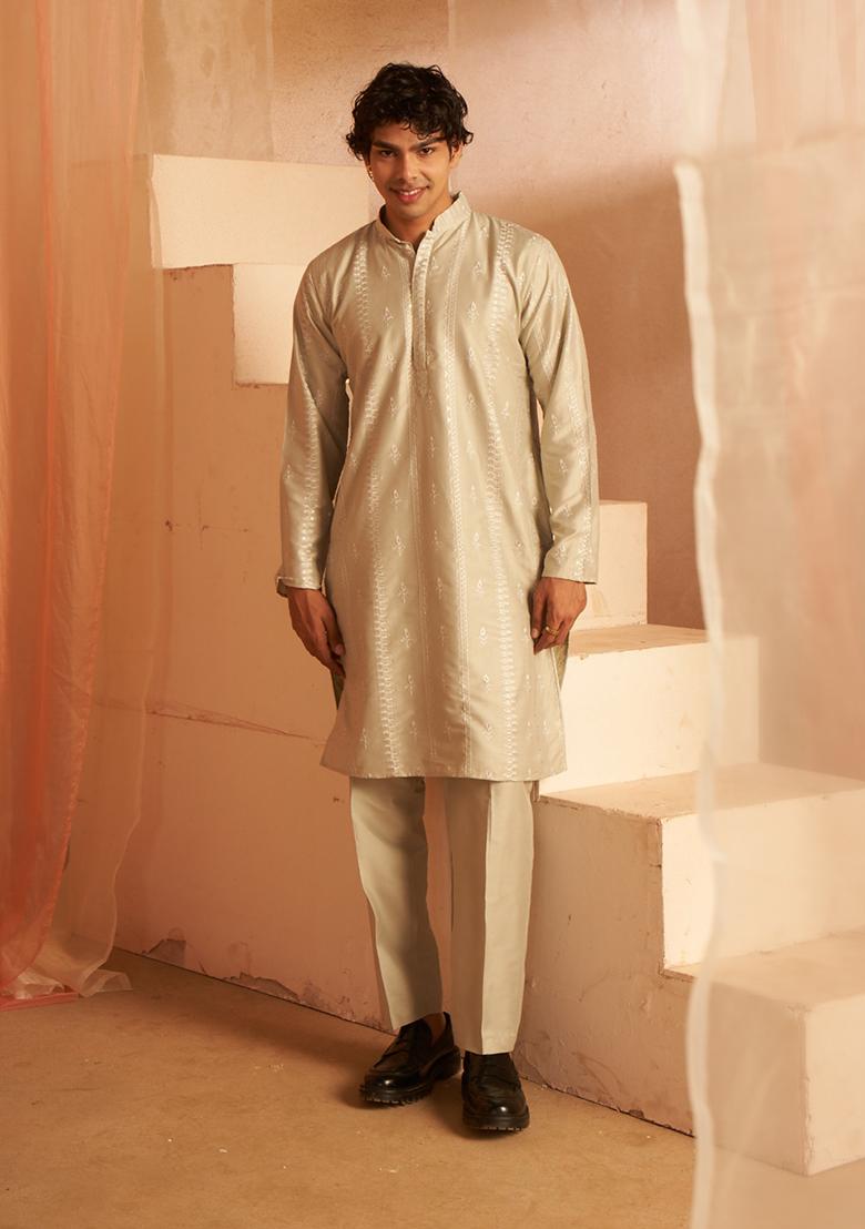 Light Green Embroidered Silk Kurta Pyjama Set For Men