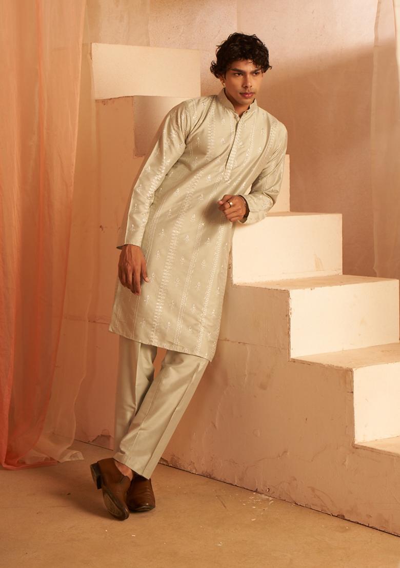 Light Green Embroidered Silk Kurta Pyjama Set For Men