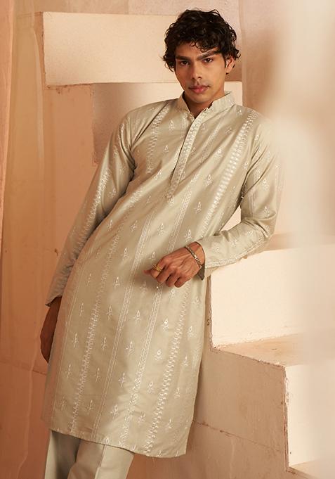 Light Green Embroidered Silk Kurta Pyjama Set For Men