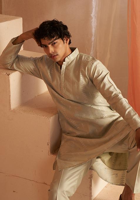 Light Green Embroidered Silk Kurta Pyjama Set For Men