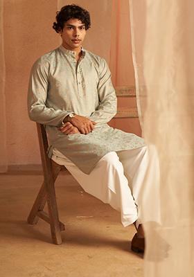 Light Blue Woven Viscose Kurta Pyjama Set For Men