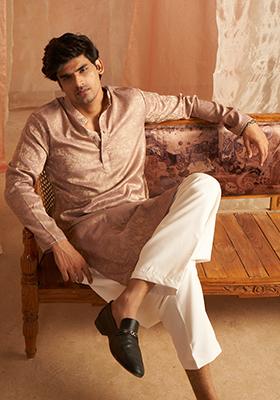 Mauve Woven Modal Silk Kurta Pyjama Set For Men